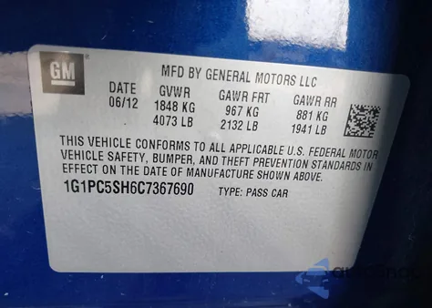 2012 Chevrolet Cruze Ls z USA, uszkodzony, nr VIN 1G1PC5SH6C7367690